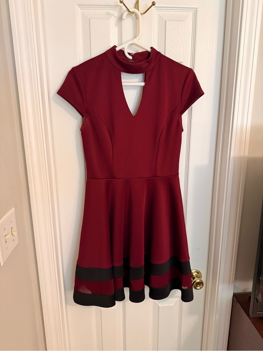 Burgundy A-line Mini Dress with Black Hem Bands